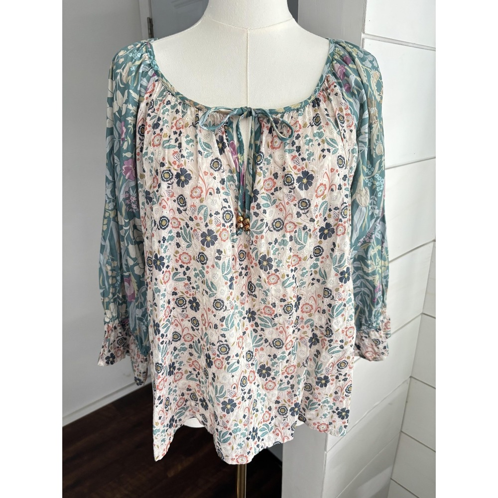 Natural Life Tunic Blouse Womens Large Multicolor Floral Long Sleeve Boho